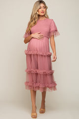 Pink Polka Dot Tulle Smocked Maternity Midi Dress