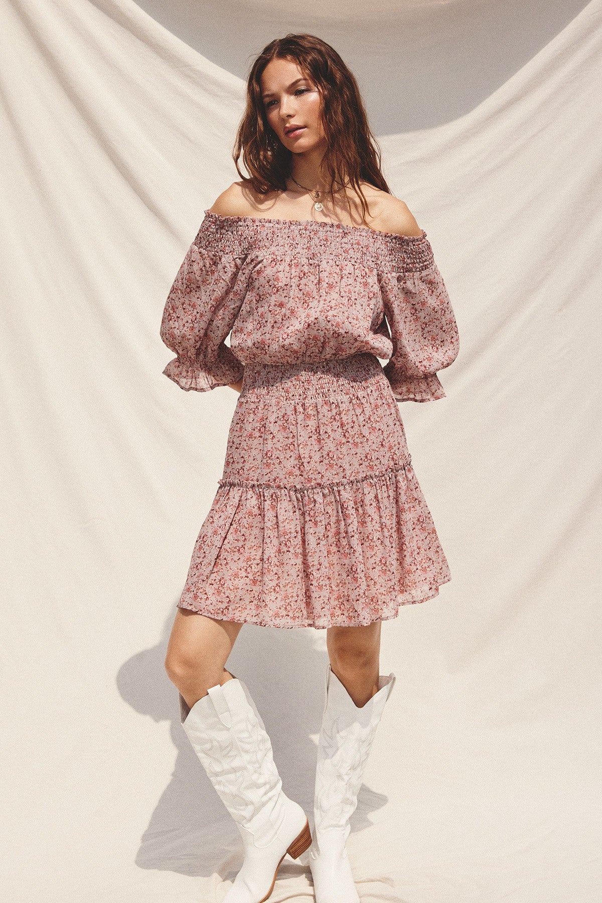 Mauve Floral Off-The-Shoulder Smocked Dress