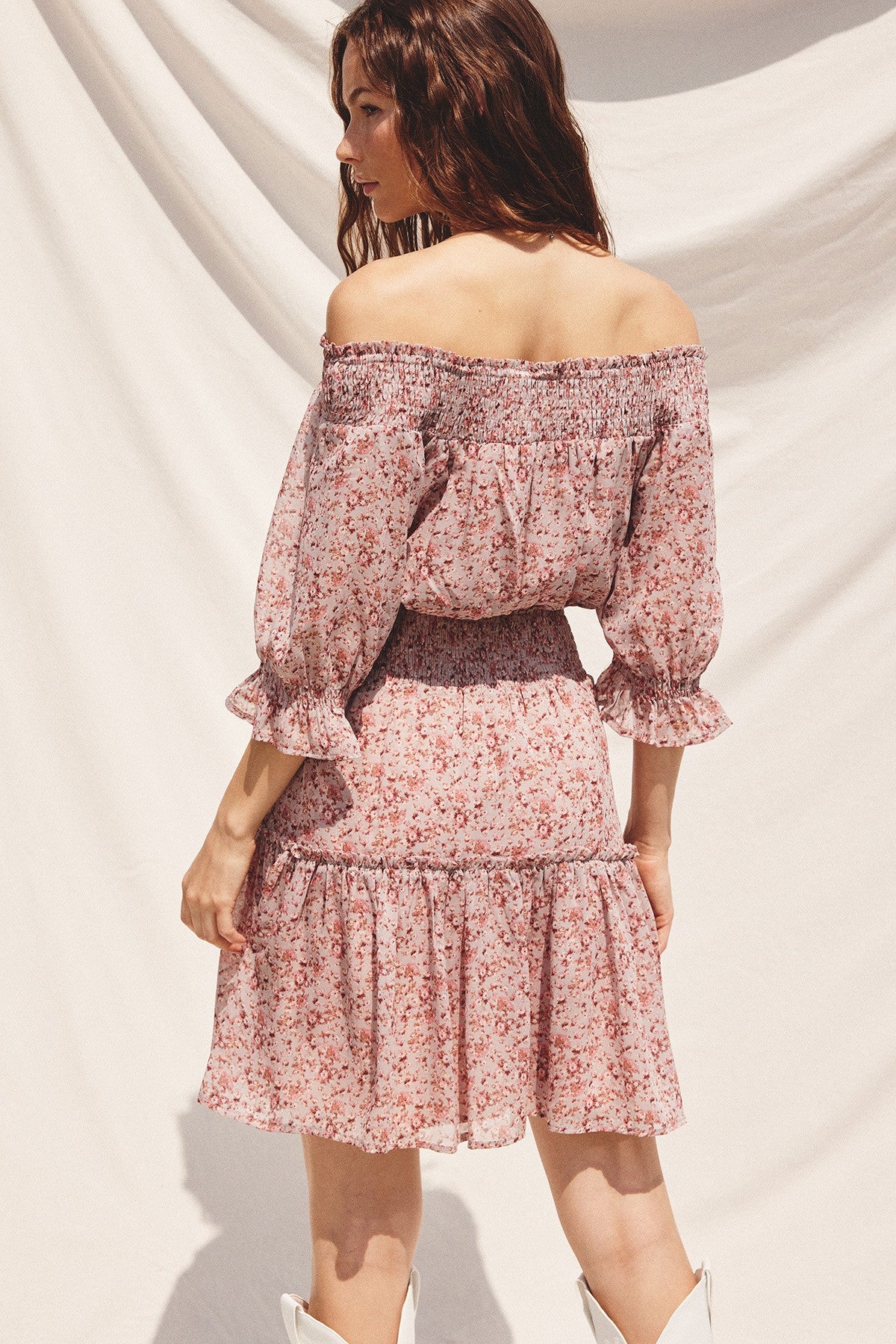 Mauve Floral Off-The-Shoulder Smocked Dress
