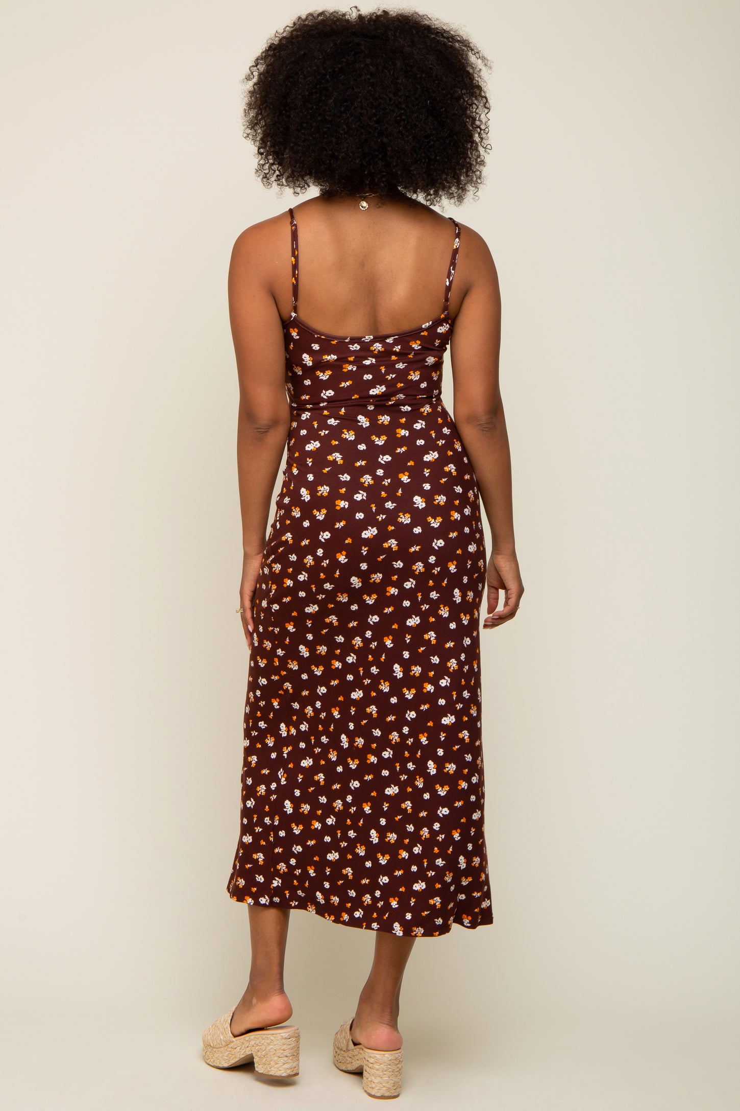 Brown Floral Sleeveless Midi Dress