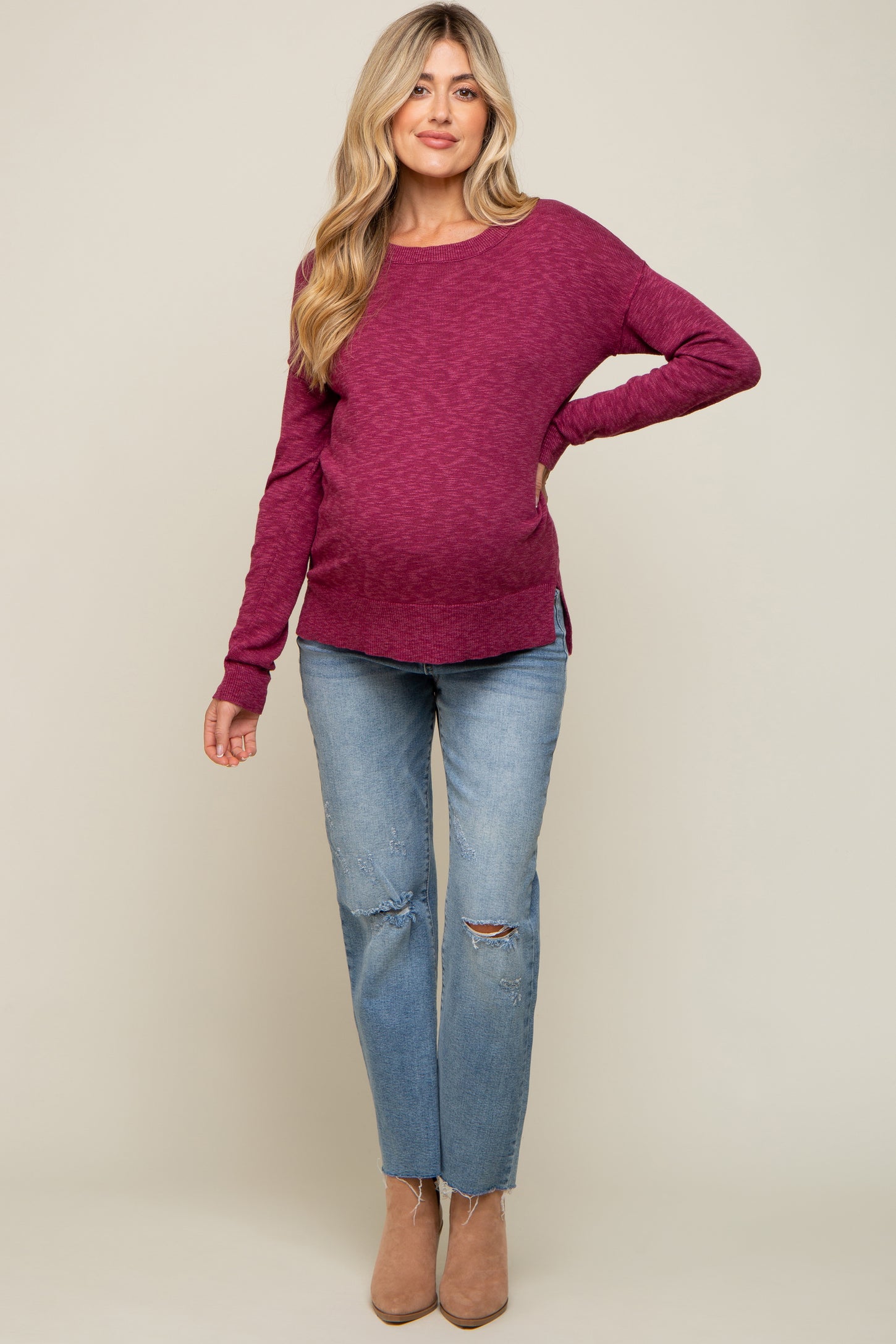 Magenta Knit Long Sleeve Maternity Top