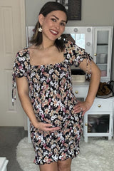 Black Floral Smocked Puff Sleeve Maternity Dress