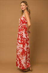 Red Floral Palm Print Wrap Maxi Dress