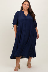 Navy Blue Striped Tiered Plus Midi Dress