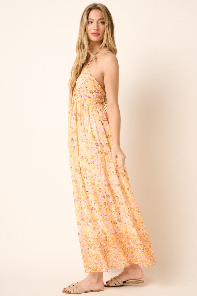 Orange Combo Flower Border Print Ruching Detail Maxi Dress