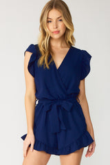 Navy Ruffled V Neck Romper