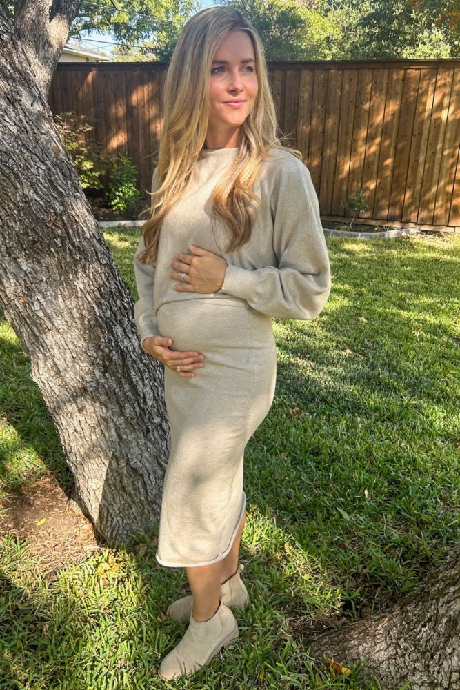 Beige Knit Long Sleeve Crop Top Maternity Midi Skirt Set