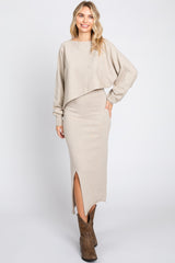 Beige Knit Long Sleeve Crop Top Maternity Midi Skirt Set