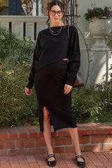 Black Knit Long Sleeve Crop Top Maternity Midi Skirt Set