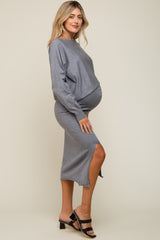 Grey Knit Long Sleeve Crop Top Maternity Midi Skirt Set