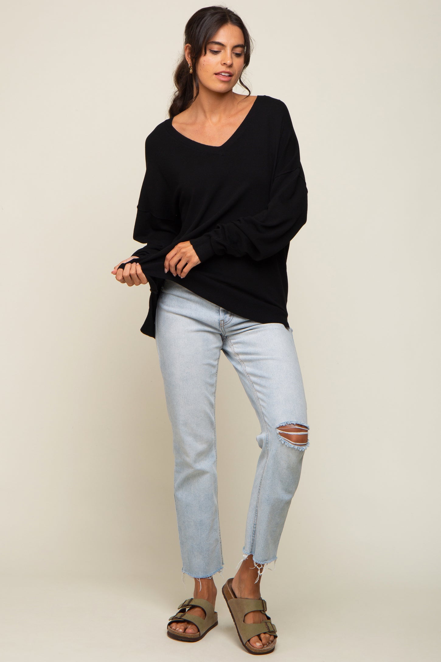 Black Knit V-Neck Long Sleeve Top