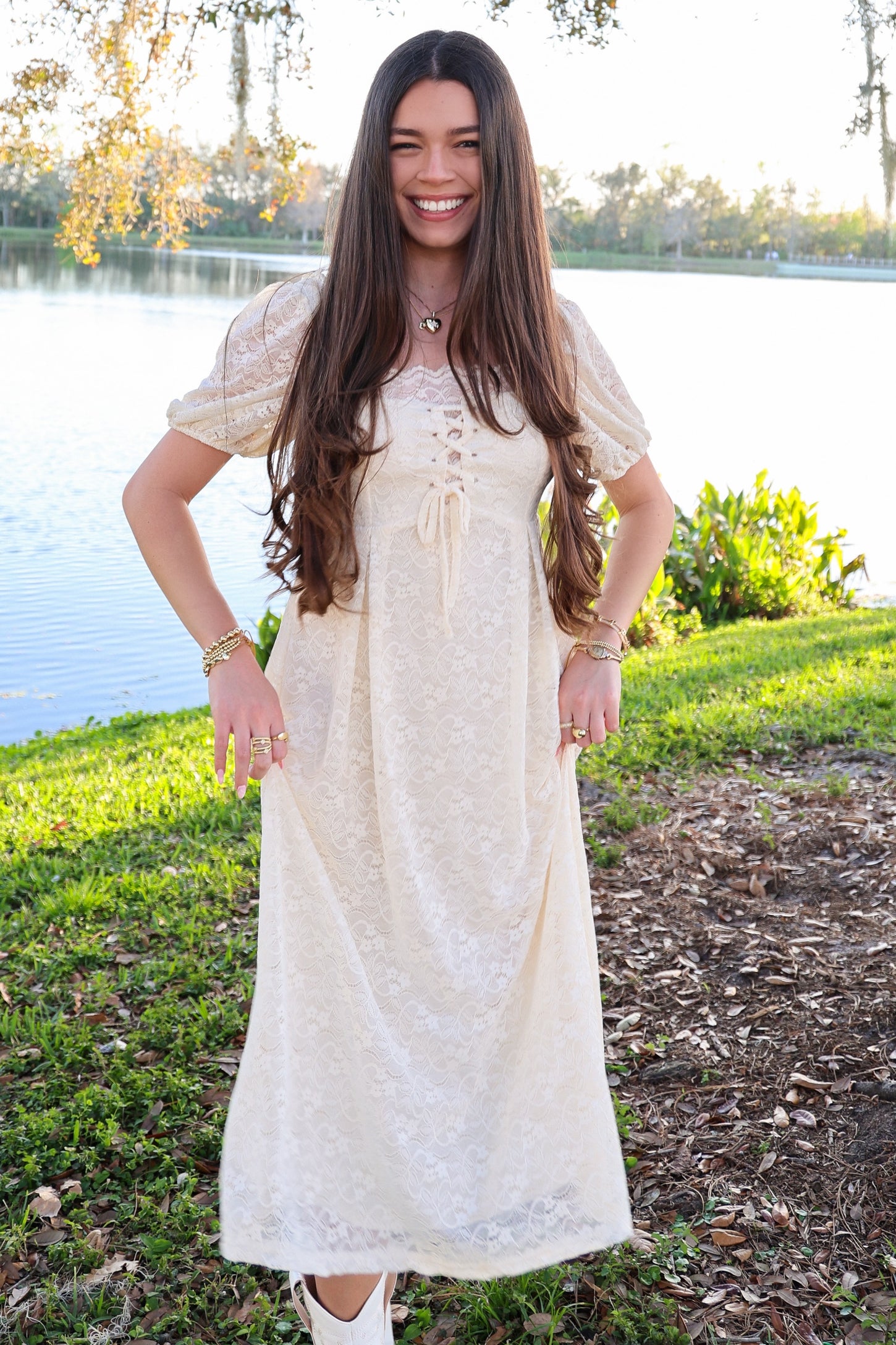 Cream Lace Cutout Midi Dress