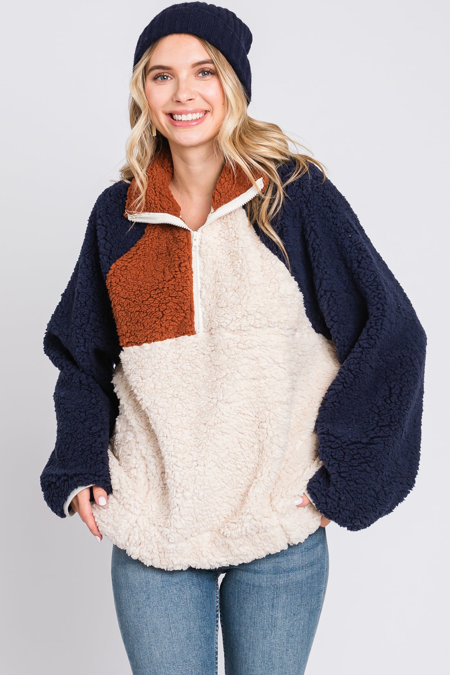 Ivory Colorblock Oversized Fleece Pullover Top