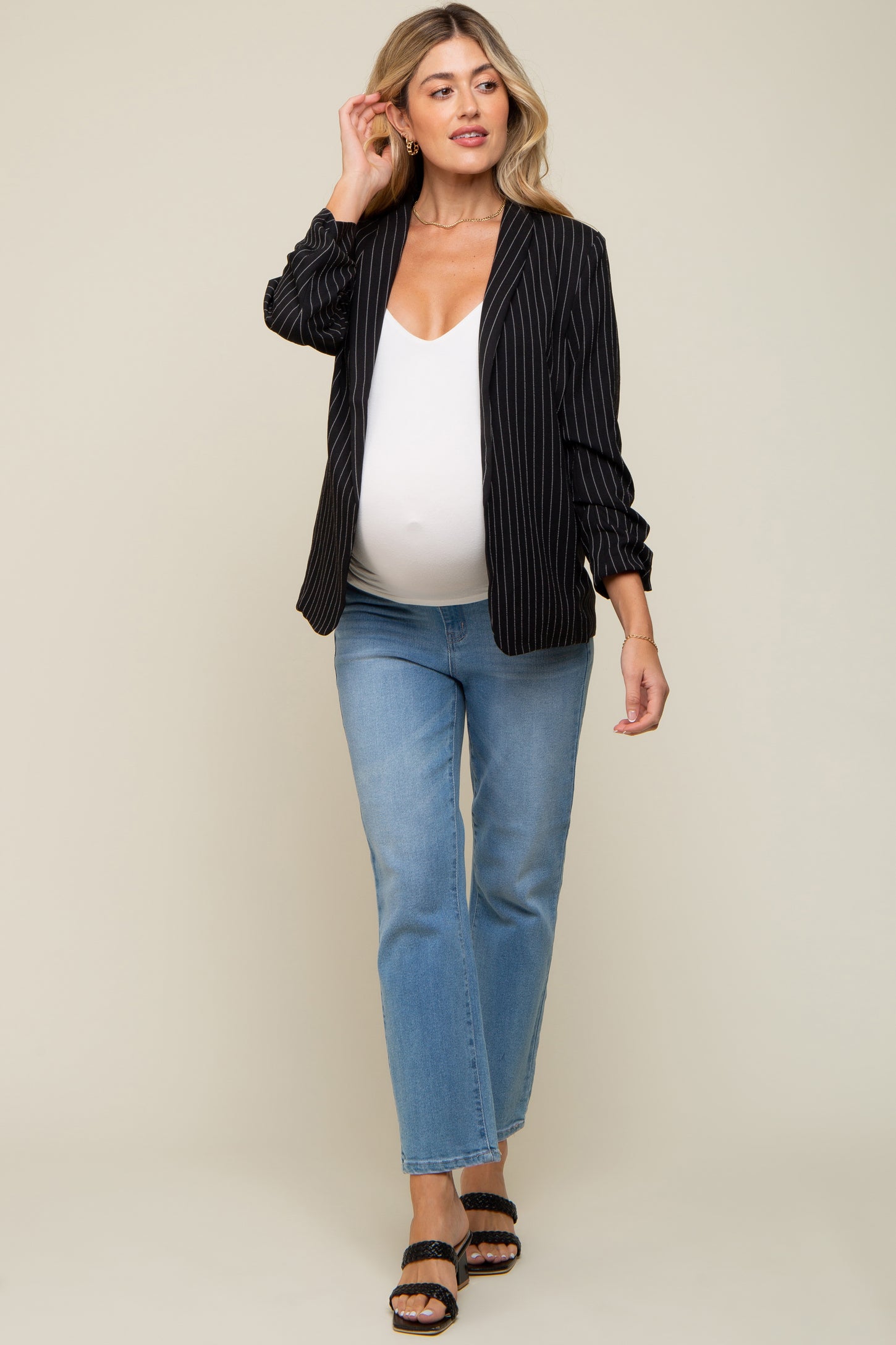 Black Pinstriped Maternity Blazer