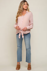 Pink Collared Button Down Knotted Maternity Shirt
