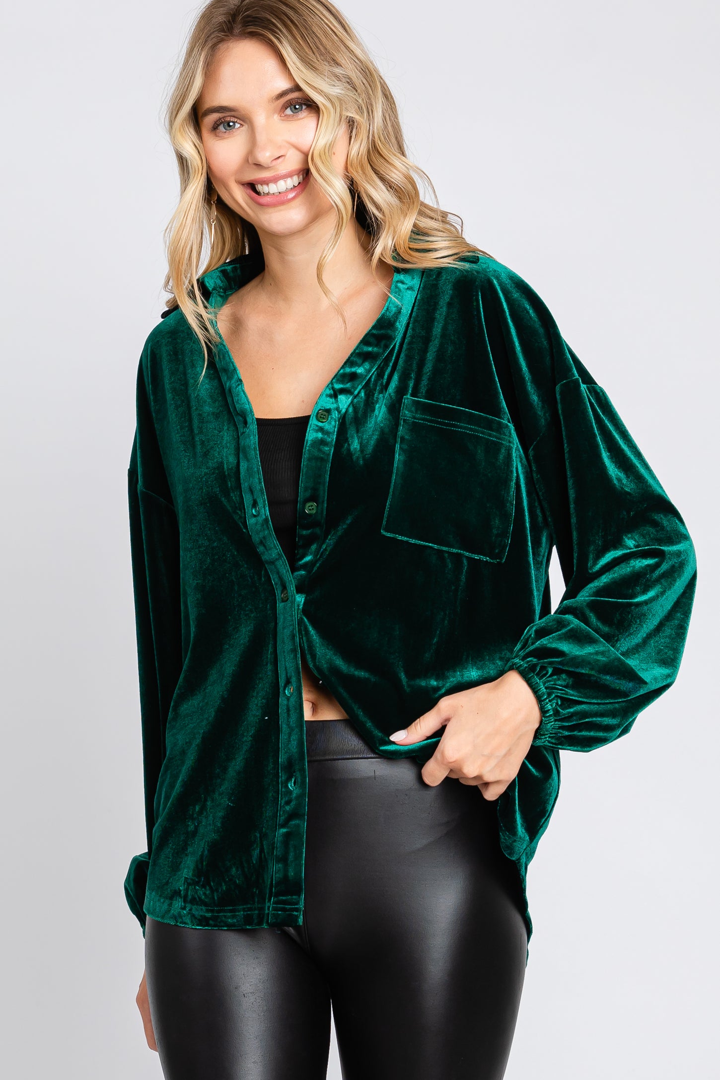 Hunter Green Velvet Button Fron Collared Blouse
