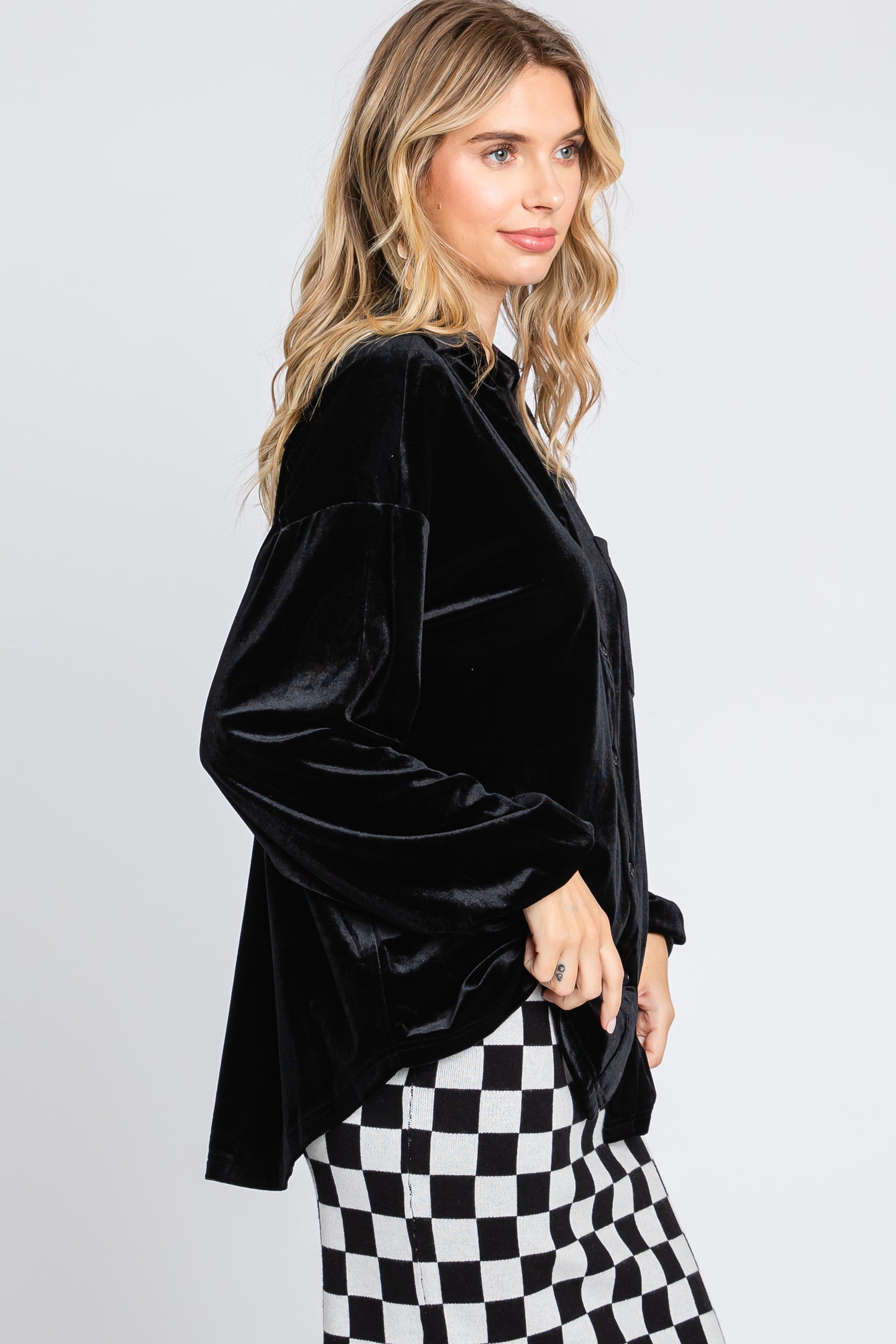 Black Velvet Button Front Collared Blouse