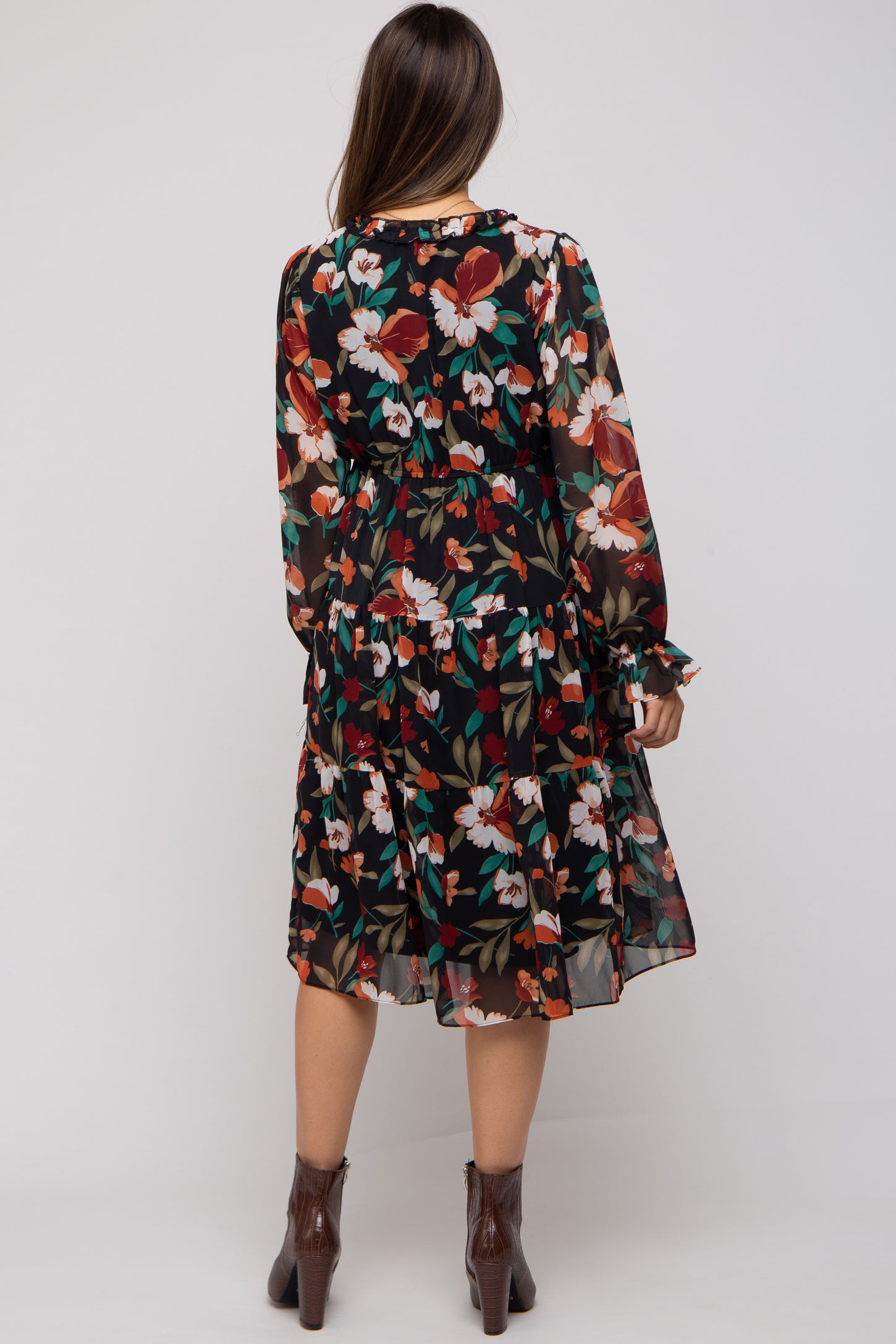 Black Floral Ruffle V-Neck Maternity Dress