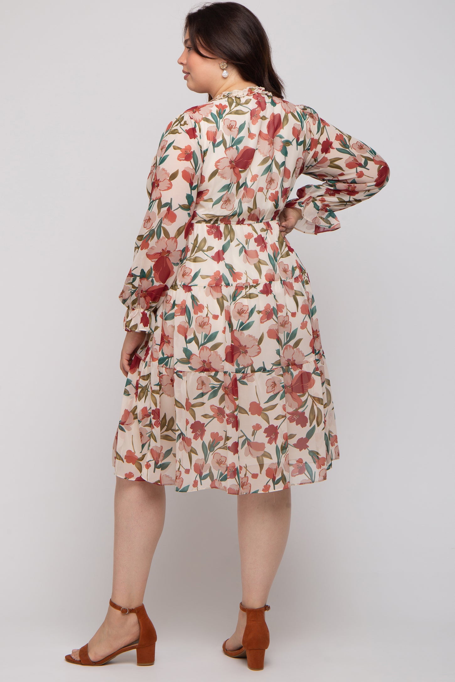 Ivory Floral Ruffle V-Neck Maternity Plus Dress