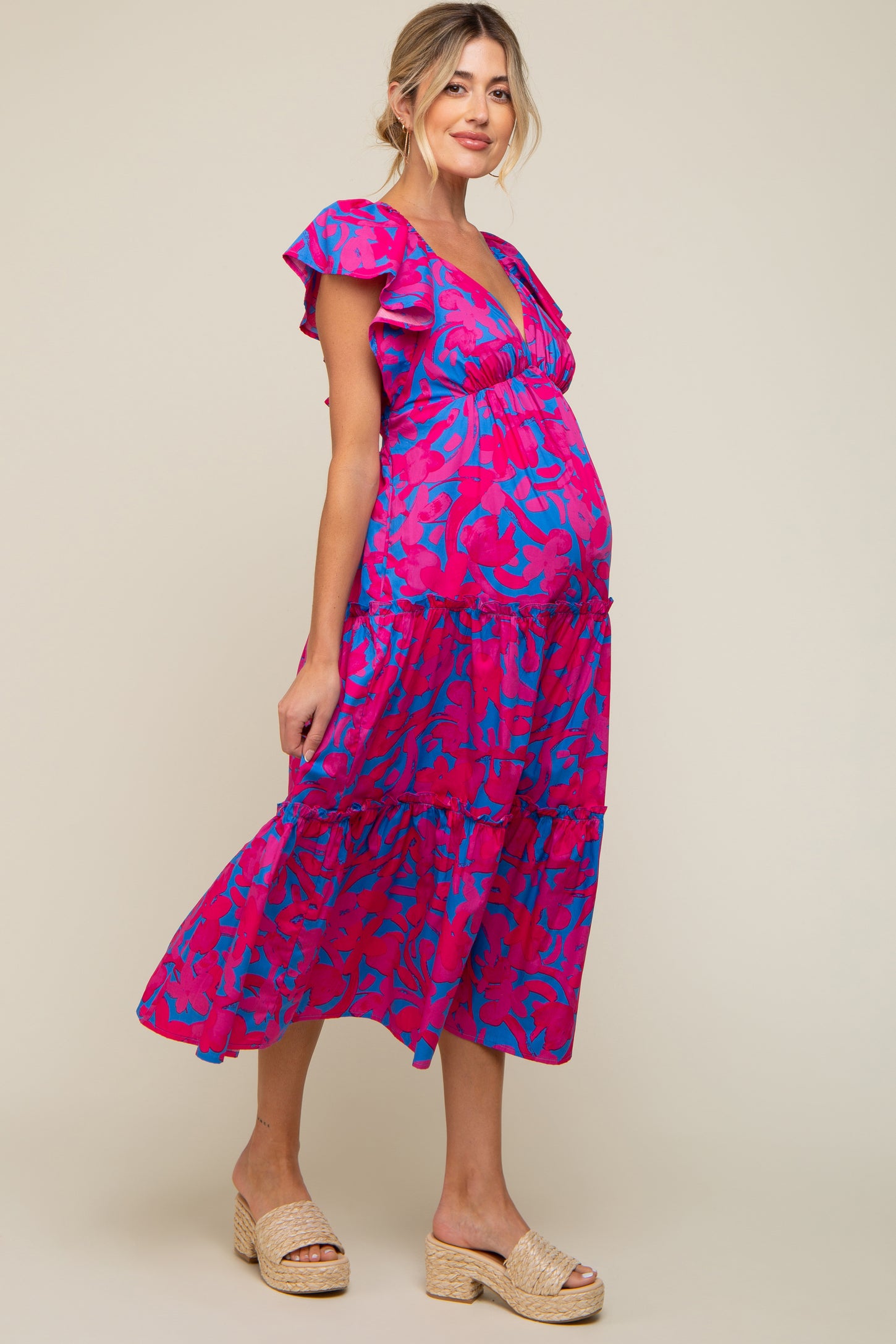Pink Flutter Sleeve Open Lace Up Back Tiered Maternity Midi Dress