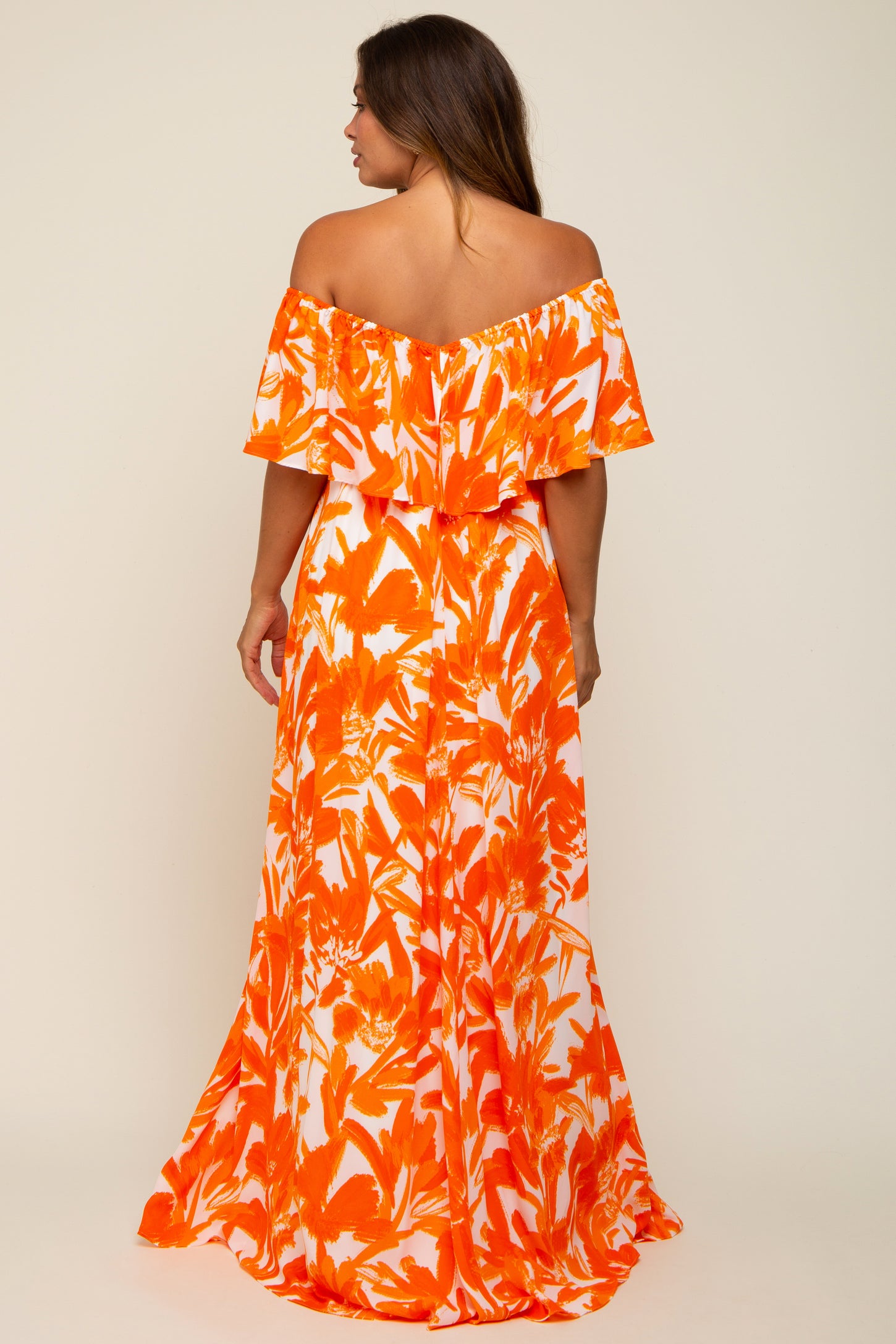 Orange Floral Off Shoulder Flounce Maternity Maxi Dress