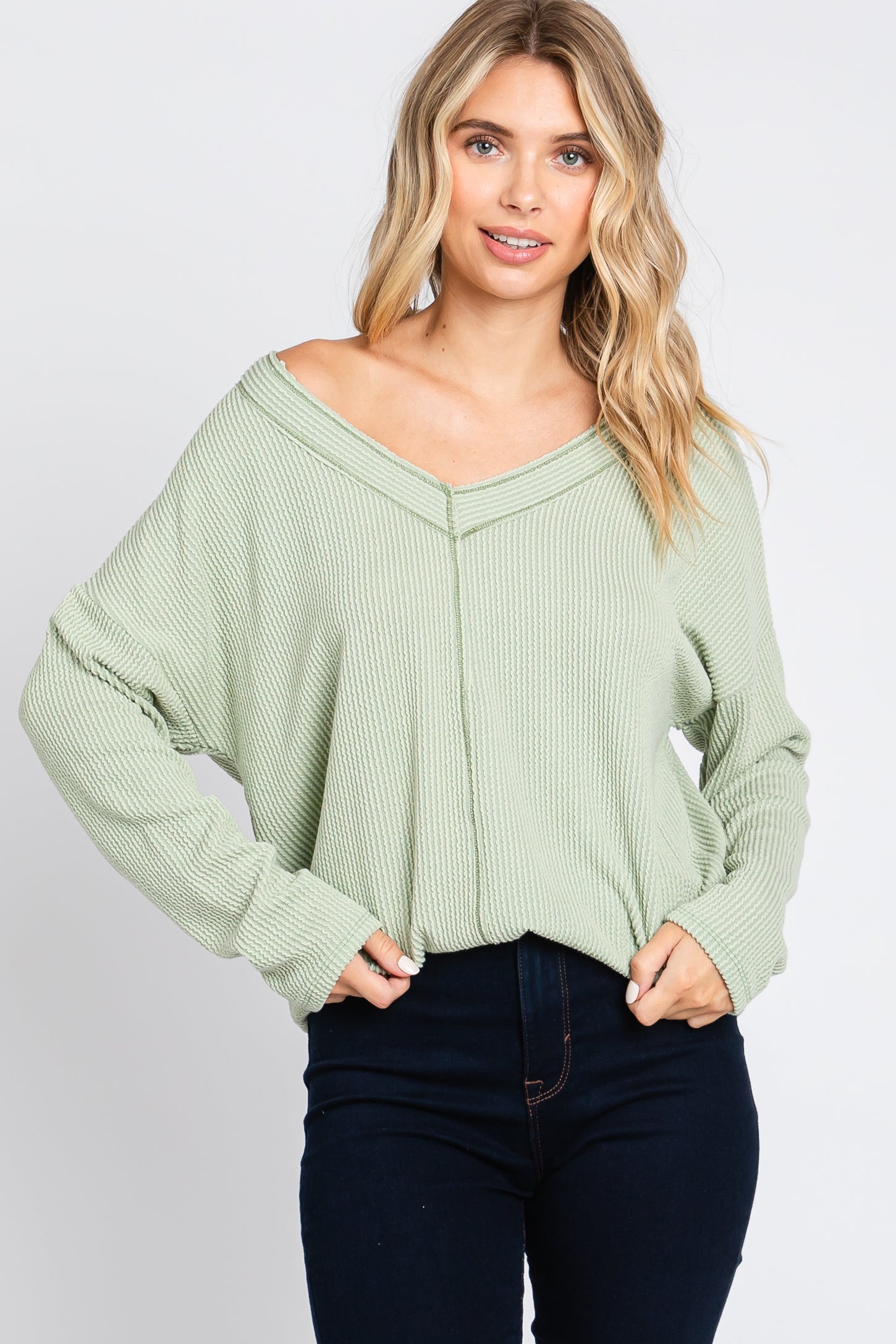 Light Olive Ribbed V-Neck Long Sleeve Top
