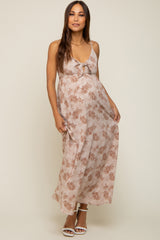 Mocha Leaf Print Front Tie Maternity Maxi Dress