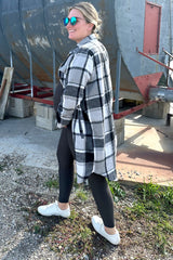 Black Plaid Fleece Maternity Long Shirt Jacket
