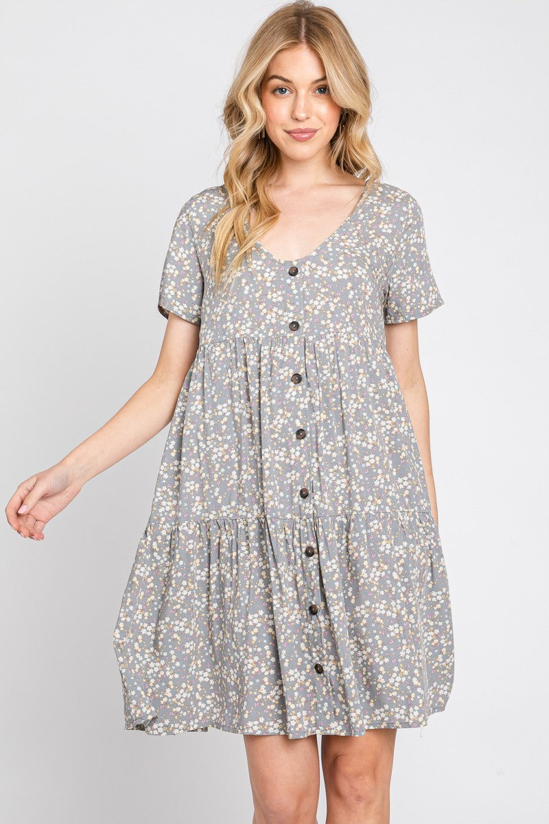 Grey Floral Tiered Button Accent Dress