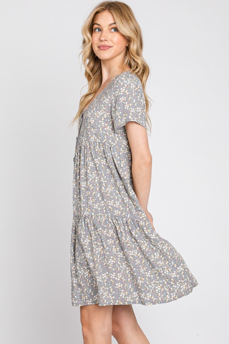 Grey Floral Tiered Button Accent Dress