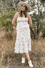 White Floral Sleeveless Back Smocking Slit Maxi Dress