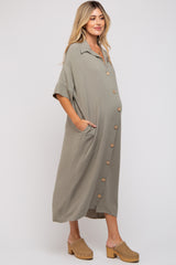 Olive Oversized Button Down Maternity Midi Dress