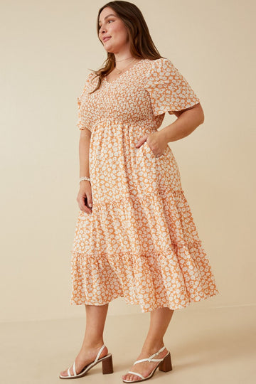 Peach Floral Tiered Plus Midi Dress