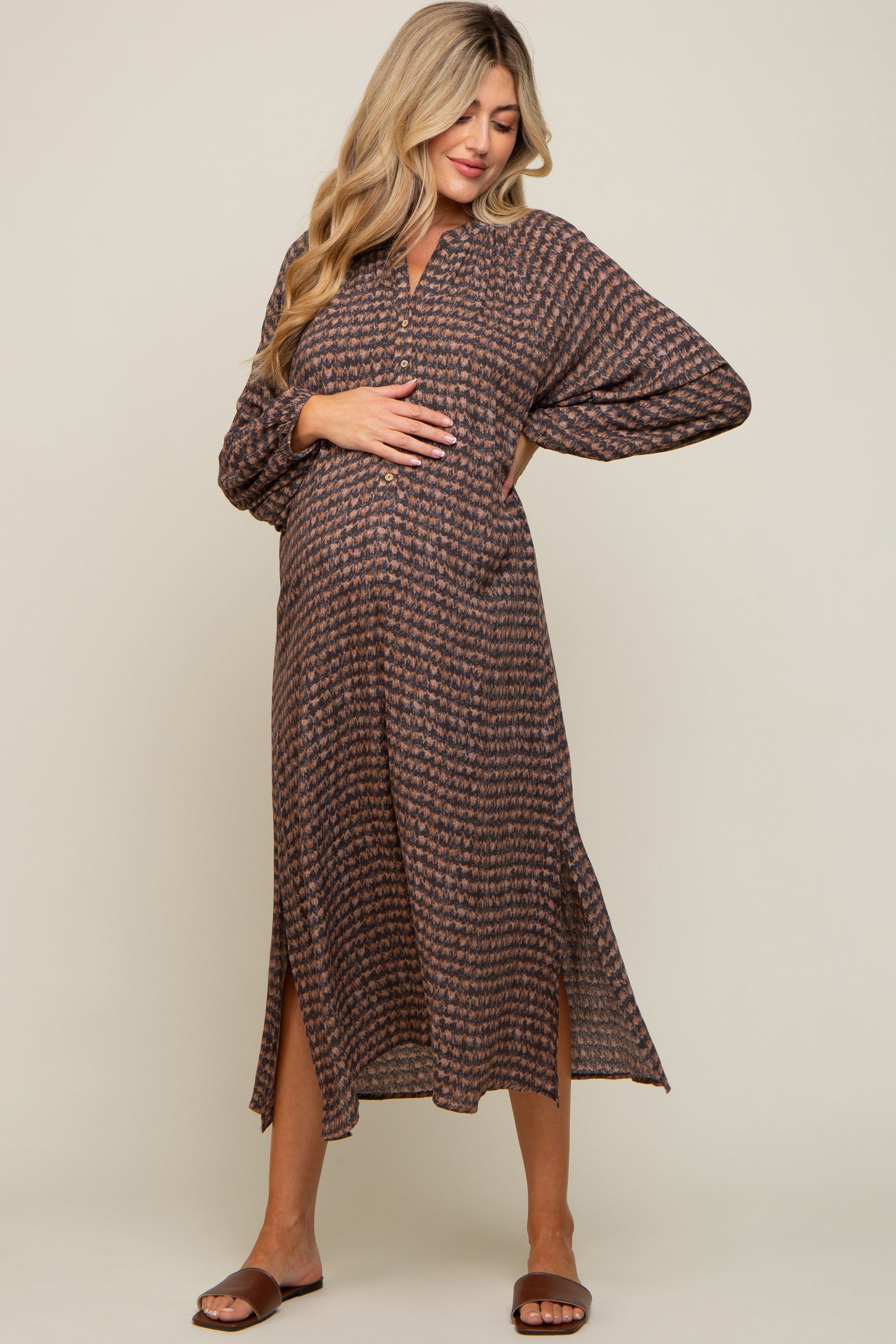 Charcoal Button Down 3/4 Sleeve Maternity Midi Dress