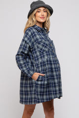 Navy Plaid Button Front Long Sleeve Maternity Dress