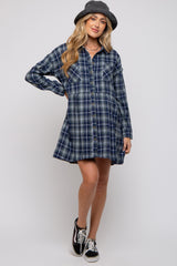 Navy Plaid Button Front Long Sleeve Maternity Dress