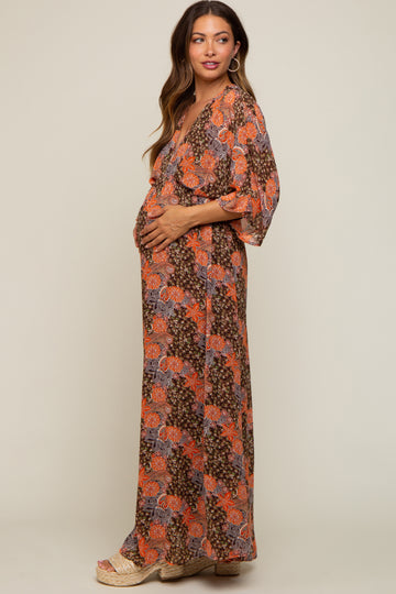 Brown Floral Paisley Chiffon Maternity Maxi Dress