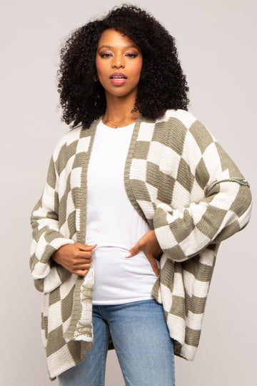 Olive Checkered Print Oversized Cardigan