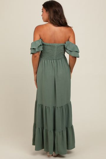 Olive Smocked Ruffle Off Shoulder Tiered Maternity Maxi Dress