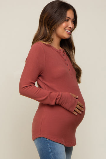 Rust Button Front Soft Knit Long Sleeve Henley Maternity Top