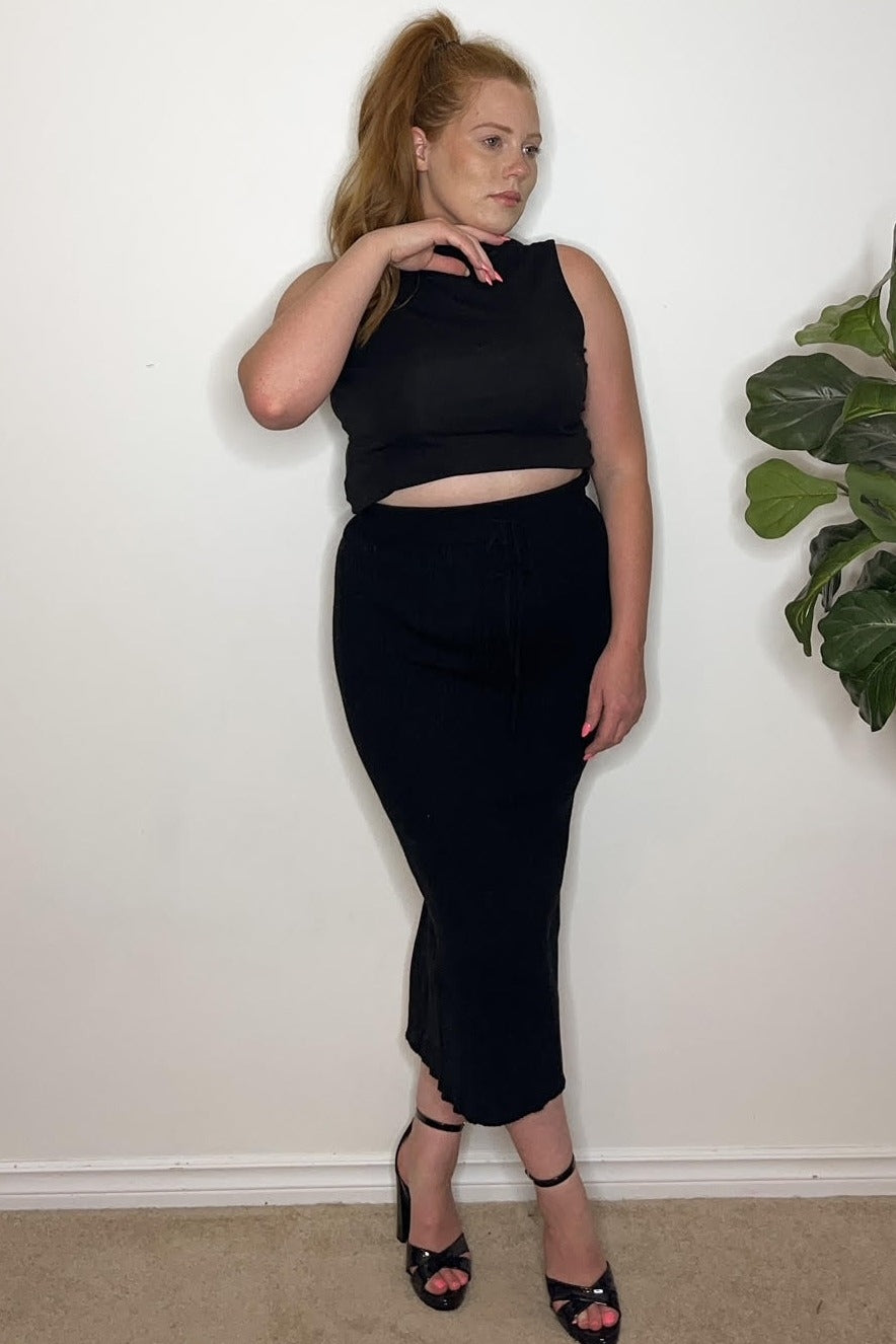 Black Rib Knit Midi Skirt