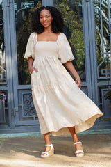 Beige Gauze Embroidery Smocking Tiered Gradient  Dress