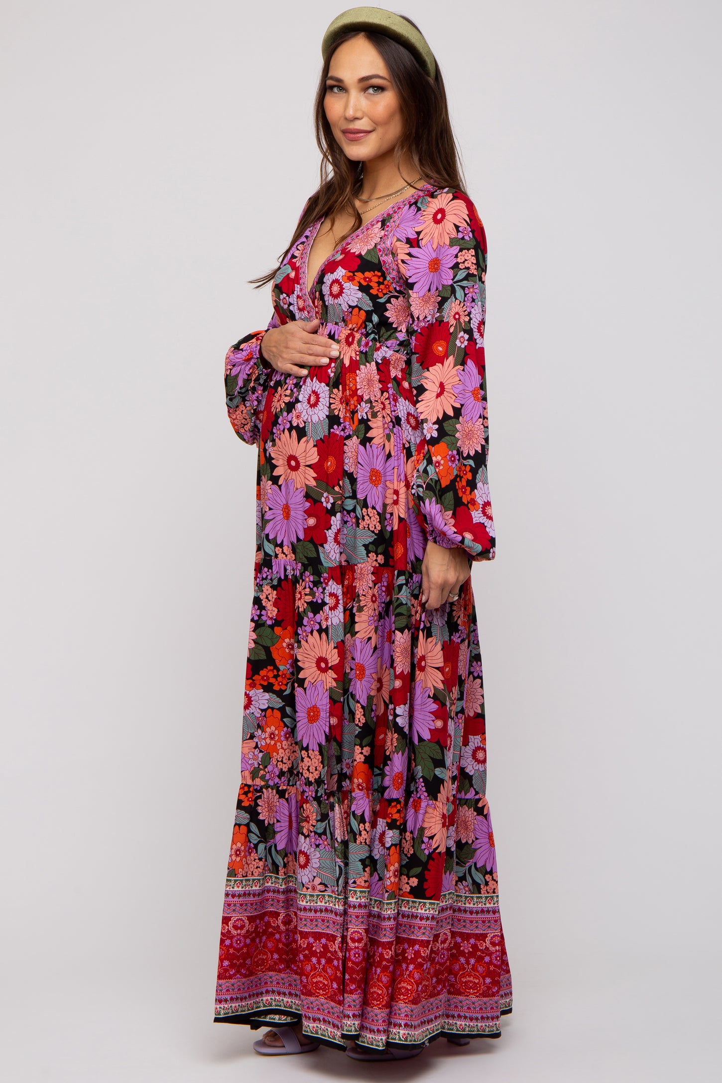 Black Floral Long Sleeve Tiered Maternity Maxi Dress