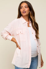 Peach Collared Button Front Raw Hem Maternity Top