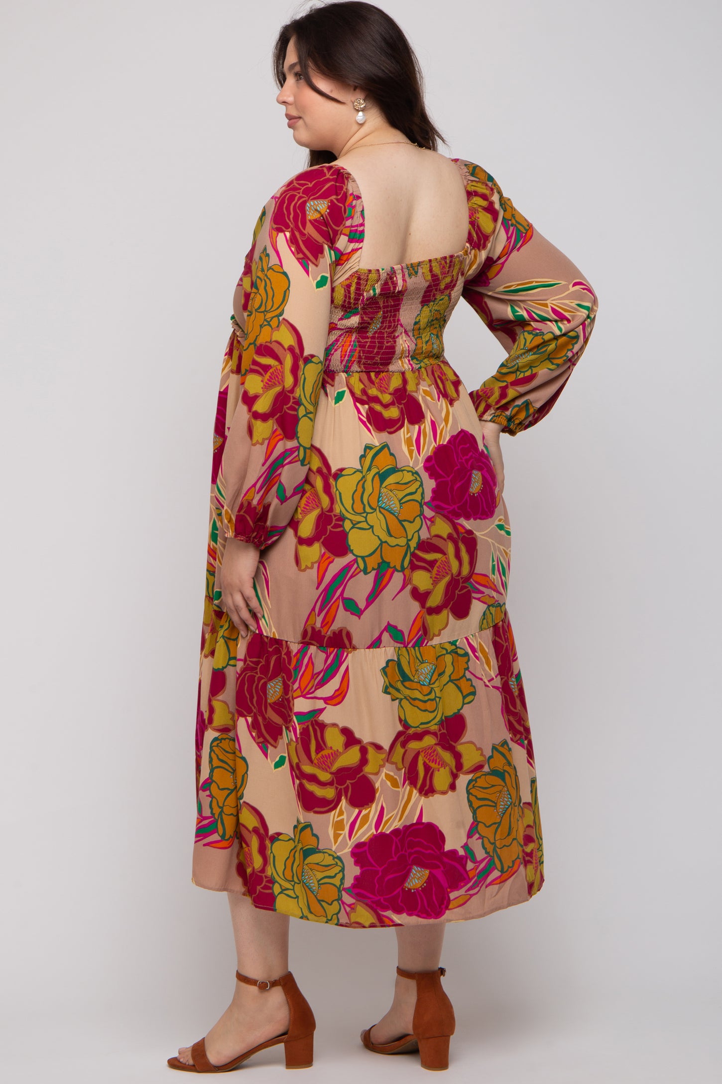 Mocha Floral Long Sleeve Maternity Plus Midi Dress
