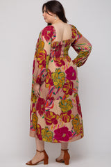 Mocha Floral Long Sleeve Maternity Plus Midi Dress