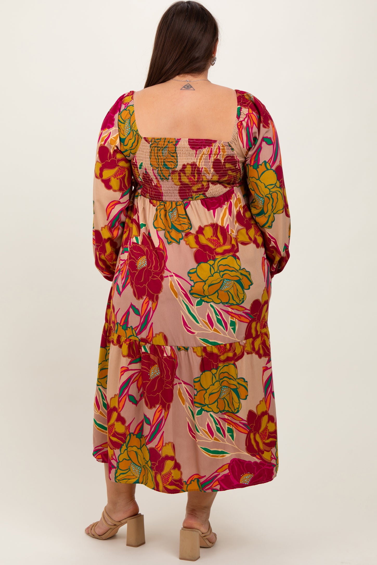 Mocha Floral Long Sleeve Plus Midi Dress