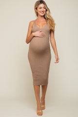 Beige Sleeveless V-Neck Maternity Sweater Dress