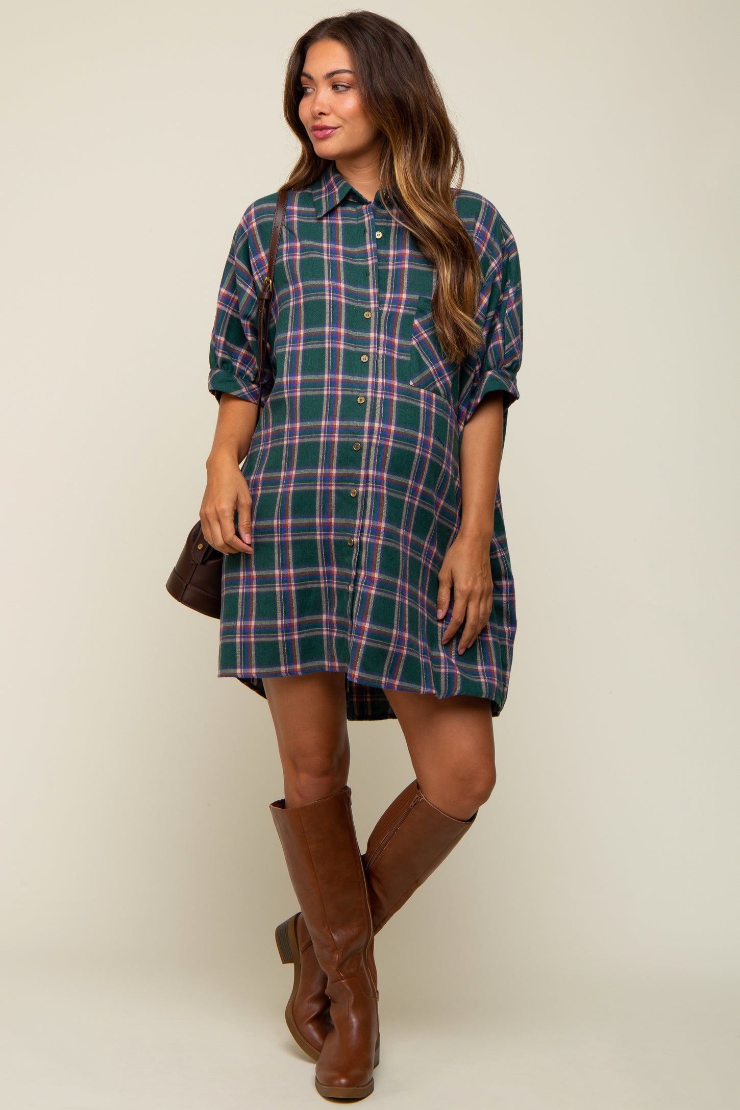 Forest Green Plaid Oversized Maternity Mini Dress