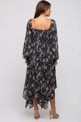 Charcoal Floral Chiffon Square Neck Button Front Midi Dress